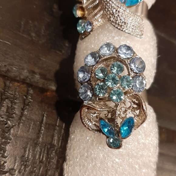 3Pc Set Of Rhinestone Cocktail Rings Aqua Statement Oversized Silver Adjustable - Picture 4 of 9
